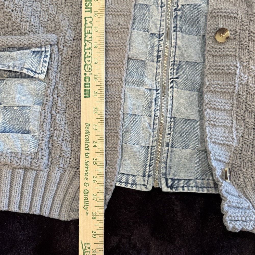 BiBi Gray Knit Twofer Cardigan Jean Jacket S Oversized Denim Hood Layered Check - Picture 9 of 9